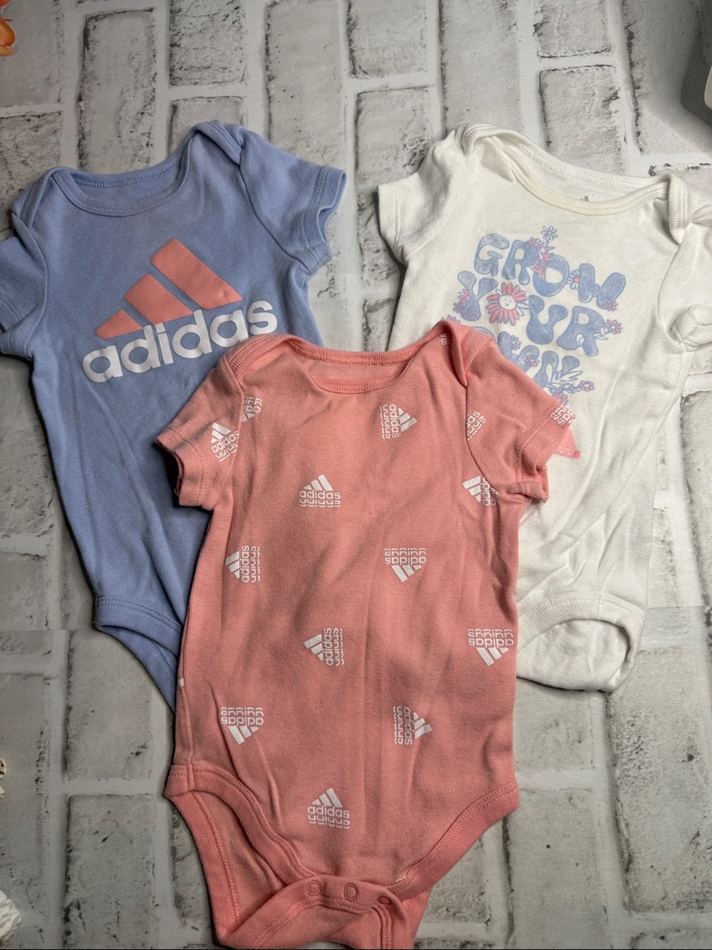 3 adidas Pink Short-Sleeve Baby Bodysuit with White Logos